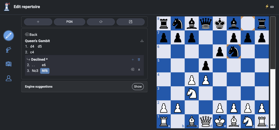 Repertoire editor with the suggested move added and highlighted in the opening tree