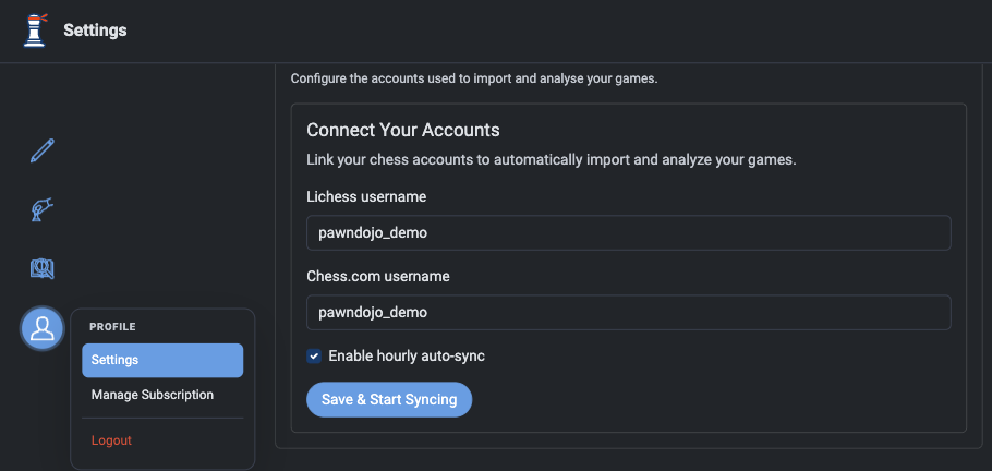 Pawn Dojo settings page showing Chess.com and Lichess username fields with hourly sync enabled